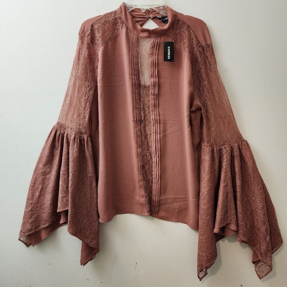 Express M Dusty Rose Top Handkerchief Sleeve  Lace Inserts Fairy Boho Elegant
